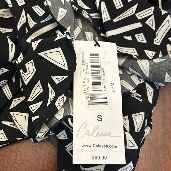 Calessa black white patterned long sleeve V neck blouse Size S New - Picture 7 of 9